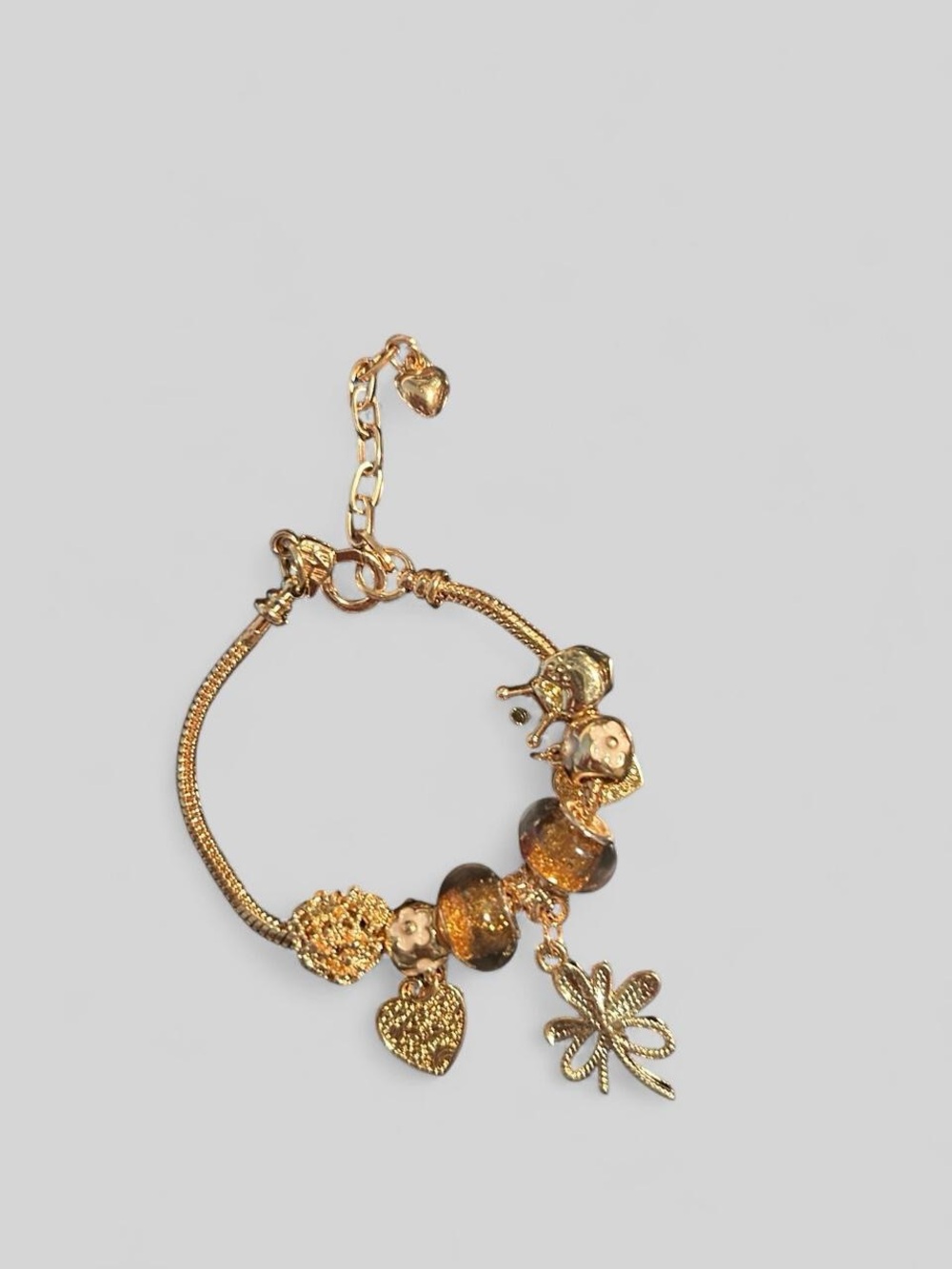 Gold Dragonfly Heart Charm Bracelet